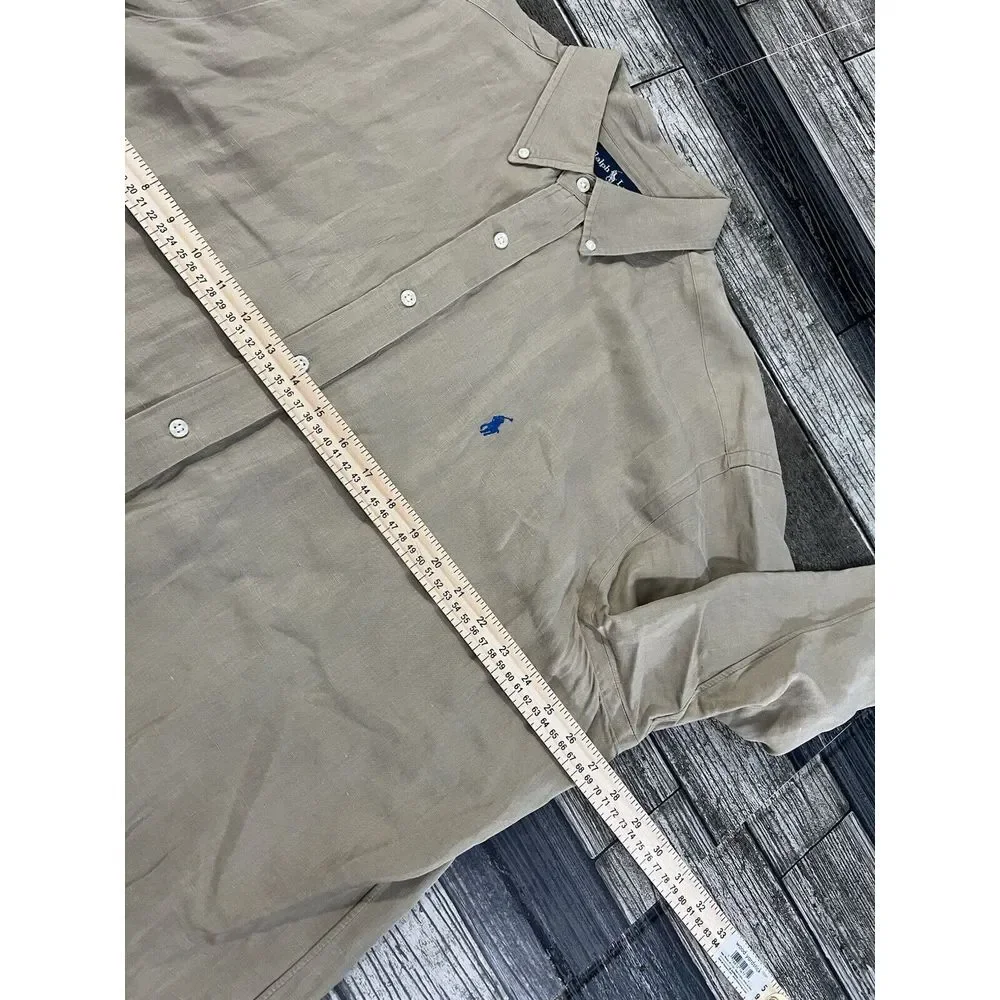 Ralph Lauren Shirt Mens XL Khaki Beige Tan Classic Fit Button Up Blue Pony‎ Silk